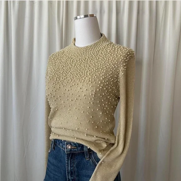 Vintage Silk Belldini Pearl Embellished Metallic Ribbed Mock neck sweater large - Picture 2 of 8